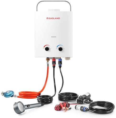 GASLAND AS132 Pro-DE Tragbarer Gas-Durchlauferhitzer, 50mbar(Butan oder Propan), 5L lpg Gas-Wassererhitzer mit Wasserpumpe und Rohrsieb für RV Camping Dusche Waschen Pferd