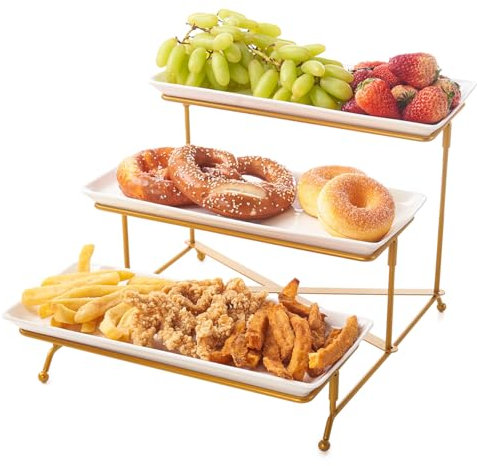 Fiita 3 Tier Serving Tray for Party Supplies, 12 Inch Ceramic with Golden Metal Dessert & Cake Presentation Stand for Buffets, Snack, Veggie, Fruit, Cookies, Dessert, Dishes