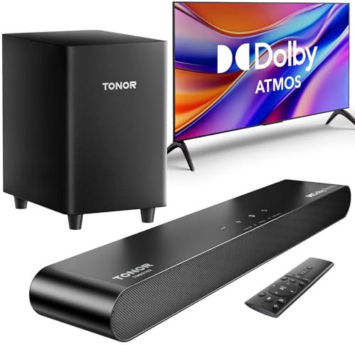 TONOR 2.1 TV Soundbar mit Dolby Atmos, 5.3 Bluetooth Soundbar mit Subwoofer für Fernseher, 3 EQ-Modi/BASSMX/Surround Sound Lautsprecher für TV-geräte/PC, Heimkino Soundsystem, HDMI ARC/Optisch/AUX/USB