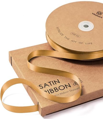 Vitalizart 3/8 x 100Yd Gold Satin Ribbon Thin for Crafting | Double-sided Polyester Fabric Ribbon for Bouquet & Decoration, Satin Ribbon with Storage Box Convenient to Use & Store