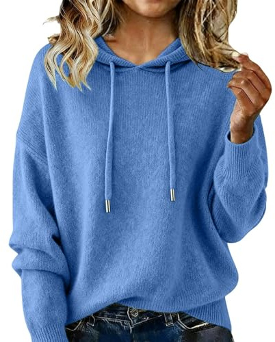 Mysig kashmirtröja för kvinnor, stickad huva, vinter, oversize, lätt med dragsko, blå, XXL