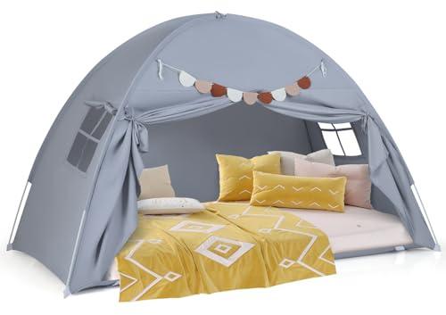 COSTWAY Tenda per Letto Matrimoniale a Castello per Bambini, Tenda Pieghevole e Portatile con 2 Finestre e Bandiere, Tenda da Gioco per Bambini 3 Anni+ (Grigio)