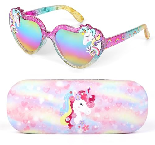 Beipegin Gafas de sol Niña Gafas Corazon Gafas de sol Unicornio UV400 Protección Rayos Decorativas y Funda Gafas Fiesta Niña 3 Años a 10 Años