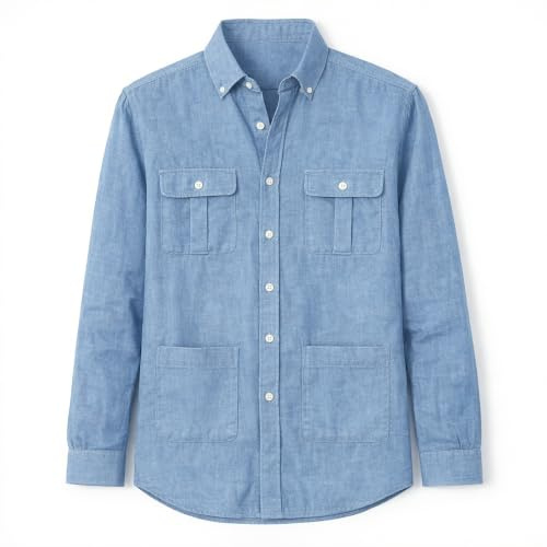 Blue coast yachting Camisa de Lino para Hombre, Manga Larga, Azul Vaquero, XXL, Ajustado, Estilo Safari, Cuello Americano, Adulto