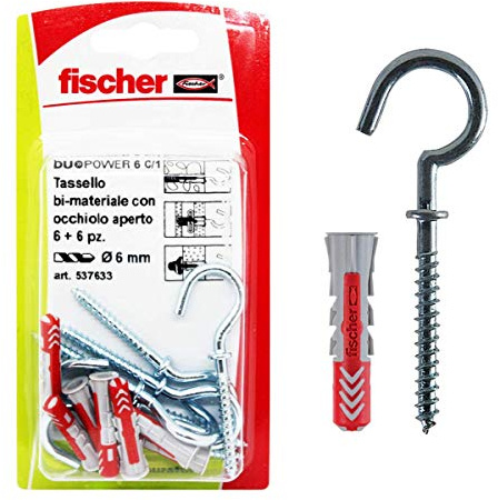 Fischer 537633 tacos con ojal abierto fixtainer, Gris/Rojo, 6 x 30 mm, juego de 6 unidades)