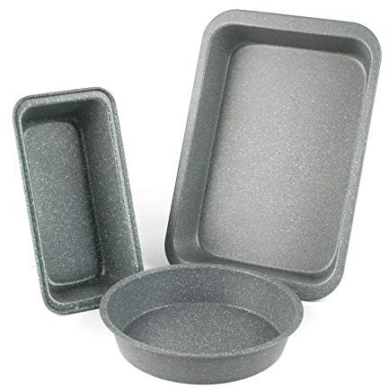 Salter COMBO-2126 Marblestone 3-Piece Bakeware Set – Non-Stick Deep Roasting Tray, Rectangular Loaf Tin and Round Baking Tray, Durable Carbon Steel Ovenware, Oven Safe up to 220°c, Easy to Clean, Grey