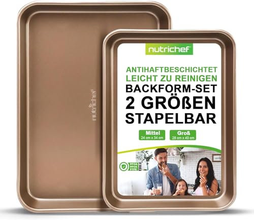 NutriChef Backblech Set 2-teilig – Antihaft 40x28 cm & 35.5x24.6 cm, champange PFOA-frei, ofenfest bis 232 °C, stapelbar, spülmaschinengeeignet, ideal für Meal Prep & Aufläufe