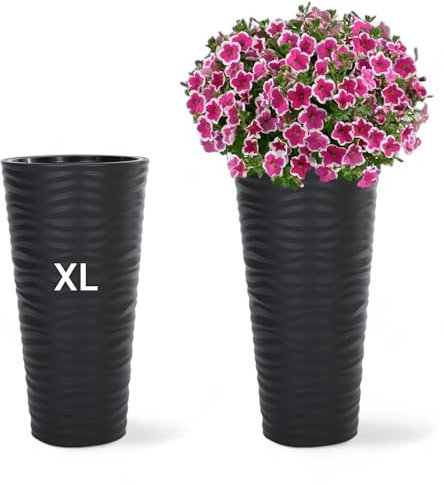 MELTOM XL Pflanzkübel Slim Rund 3D Effekt - Wellen - Farbe: Anthrazit mit Herausnehmbaren Einsatz, DxH: 30 x 57 cm