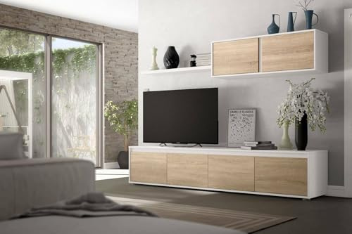 Dmora - Parete attrezzata Savannah, Mobile da soggiorno porta TV, Composizione set salotto, Set salotto con pensile, 200x41h43 cm, Bianco e Rovere