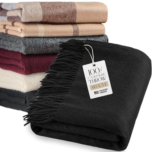 Velanio Luxury 100% Pure Cashmere Throw Blanket, Fringed Sofa 60x54