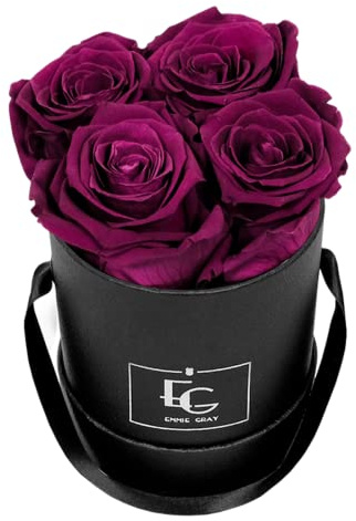 Classic Infinity rosenbox | rund | XS (Velvet Plum) – 4 vackra Infinity-rosor med långvarig hållbarhet, riktiga rosor som blommar i upp till tre år, blomlåda med konserverade rosor