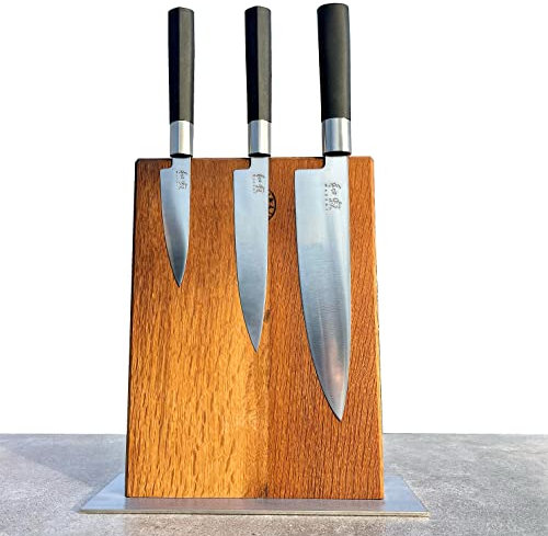 Exklusivt knivblockset | 5 x KAI Wasabi svart kniv + handgjort magnetknivblock av gamla vinfat (set med 5)