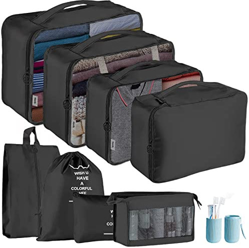 Jsdoin Koffer Organizer Set 9-Teilig Kofferorganizer Reisetasche travel Organizer Wasserdichte Packtaschen Rucksack Packing Cubes Kleidertaschen für Kleidung Unterwäsche Kosmetik (Schwarz)