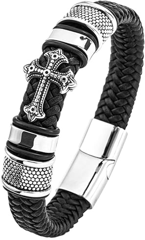 Mochity Pulsera Hombre Cuero con Cierre Magnético y Cruz de Cuero, Vikinga, Acero Inoxidable con Caja de Regalo (B)