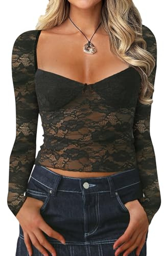 Yassiglia - Top elegante da donna a maniche lunghe in mesh, con pizzo, scollo basso, crop top, sexy, in pizzo, per ragazze, Y2K, maglia a maniche lunghe, Nero A., S