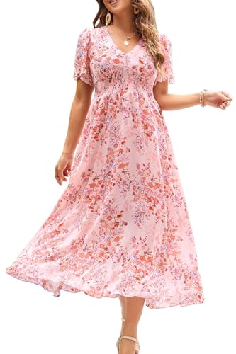 Women's Floral Maxi Dress Flowy V Neck Empire Waist Summer Wedding Guest Party Casual Chiffon Dress Pink S