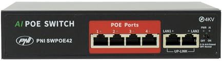 SWPOE42 PNI POE-switch, 4 POE-portar 100 Mbps och 2 UP Link-portar 100 Mbps, 65 W, AI förlängningsfunktion upp till 250 m, 4 KV blixtskydd