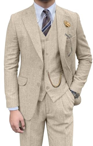 Completo retrò da Uomo in 3 Pezzi, in Tweed a Spina di Pesce, Slim Fit, per testimoni dello Sposo, Set Smoking Marrone, Giacca da Ballo da Ballo, Blazer, Gilet e Pantaloni per Uomo, Beige, XL