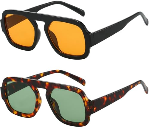 MUNSADE Trendy Square Aviator Sunglasses for Women Flat Top Designer Stylish Frame Sun Glasses Vintage Shades ((2 Pack) Black/Orange+Tortoise/Green)