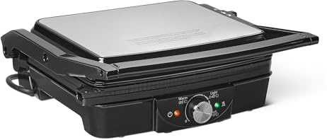 Amazon Basics Elektrischer Kontaktgrill mit Temperaturregelung, Plattengriller für Sandwiches, Paninis, Burger, Antihaftplatten, 2000W, Schwarz