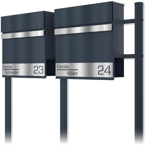 Graviers Design Cassetta postale doppia in antracite RAL 7016 con supporto - personalizzata con targhetta in acciaio inox con incisione laser del nome e numero civico - autoportante
