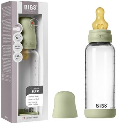 BIBS Baby Glass Bottle. 240ml. Anti-Colic. Vented Round Natural Rubber Latex Teat. Supports Natural Breastfeeding, Medium Flow, Complete Set - 240 ml, Sage