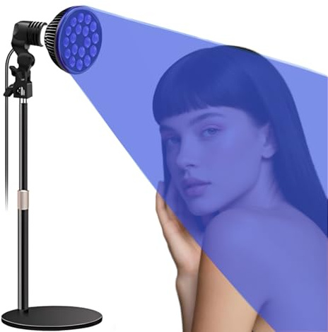 Lampada abbronzante per viso e corpo: 18 LED con terapia della luce blu da 54 W e lunghezza d'onda 460 nm, base e supporto regolabili in altezza, E27, occhiali autoabbronzanti per uso domestico