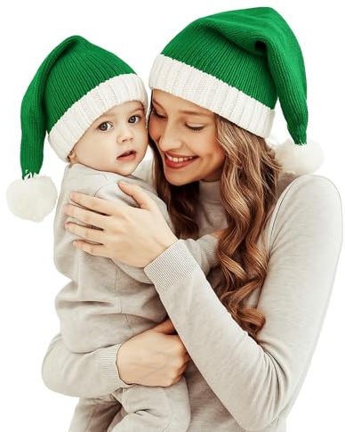 Winmany Chapeau de Noël Assorti Famille Bonnet en Tricot pour mère et bébé Noël Parent-Enfant Pom Pom Bonnet Chapeau d'hiver Plus Chaud Santaa Chapeaux Crochet (Vert)