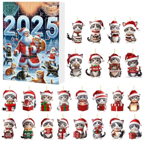 Julkatt kalender – 24-dagars akrylprydnadsset, söt kattunge hänge adventskalektion, dekorativ katt tema tillbehör presentförpackning | Kalender för hem ryggsäck butik