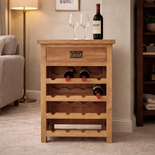 Home Furniture Group Ltd Oakcroft Rustic Wine Rack – Storage Cabinet for 16 Bottles with Drawer– Country Rustic Design – Fully Assembled