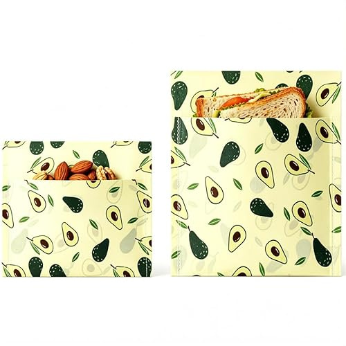 Rusokufo Set 2 Bolsas Snack Cera De Abeja Reutilizables, Algodón Orgánico, Almacenamiento Flexible para Snacks Pan Y Frutas, Fácil Uso Y Limpieza, Alternativa Sin Plástico, Diseño Aguacate