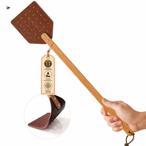 Premium flugsmällare trä och läder extra lång 51 cm, fluglapp, flexibel, insektsdödare, stabil hållbar, myggfladdermus för att fånga insekter, myggfångare för hushåll, återanvändbar