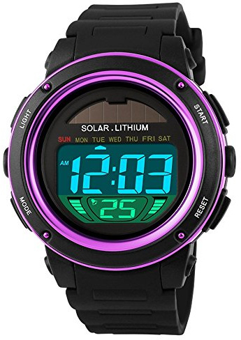 Tonshen unisex sport digital klockor vattentät utomhus militär stoppur datum kalender larm LED-display 50 m vattentålig gummirem solarmbandsur för män kvinnor rem Lila