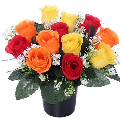 FSUK 25cm Artificial Flowers For Graves | Yellow Orange & Red Rose Grave Pot Roses | Ideal For Cemetery, Memorial or Christmas Decorations | New & Improved Design & Quality