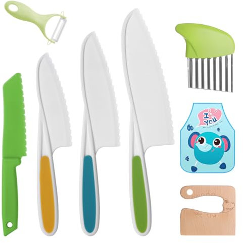 Vaktop 8PCS Kids Kitchen Knife Set Toddler Knife for Chopping, Plastic Children's Cooking Knives Serrated Edges with Potato Slicer, Peeler and Kids Apron for Fruit, Vegetables, Bread, Salad Knives