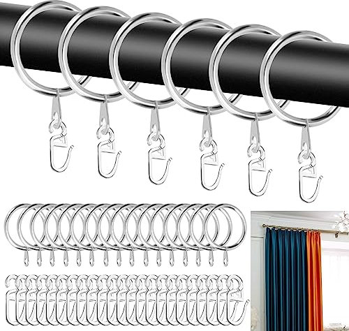 50 Stück Metall Vorhangringe mit 50 Stück Kunststoff Gardinenhaken Gardinen Ringe Gardinenhaken für Fenster Tür Duschvorhang Bettvorhang Duschvorhänge 30 mm Innendurchmesser(Silber)