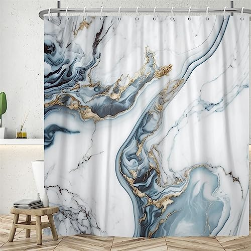 Uiiooazy Duschvorhang Grau, Duschvorhang 180x220cm Anti Schimmel Marmor Optik Blau Gold Marmoriert Modern Duschvorhänge Stoff Waschbar Wasserdicht Polyester Bad Vorhang mit 12 Haken für Badezimmer