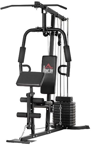 HOMCOM Kompakte Kraftstation, Multifunktionale Fitnessstation, Multistation mit Butterfly, Bizepscurl, Latzug, Beinstrecker, 45 kg Gewichtsblock Krafttraining Schwarz