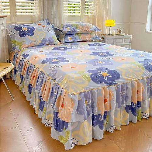 Odot Blumen Muster Bettrock Rüschen, Spannbettlaken mit Volant Elastische Bettvolants Matratzenschoner Spannbetttücher Spannbetttuch Bettlaken für Boxspringbetten (180x220cm,Lila Blütenblätter)