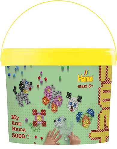 Hama Perlen 8806 Ironing Beads in Bucket with Approx. 3,000 Maxi Beads, Four Small Pin Plates, Motif Templates, Ironing Paper, for Children from 3 Years