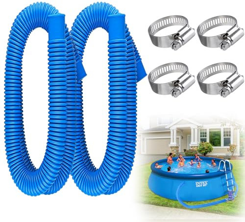 2 Pezzi Tubo per Piscina Fuori Terra, Ricambio per Piscina, Tubo Pompa Filtro per Piscina Lungo, Tubo di Ricambio per Pompa per Piscina con 4 Anelli di Collegamento in Metallo (Blu)