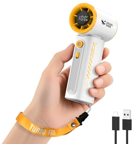 Smiling Shark TF-02 Ventilador Turbo Portátil, Turbo 1-100 Velocidades Mini Ventilador Portátil de Mano [12H Max] con Pantalla LED y Cordón/Base, Mano/Escritorio 2 en 1 para Uso Interior y Exterior
