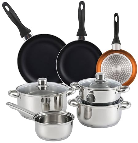 Bistro Series Set de Batería de cocina de 7pc en acero inoxidable + 3 Sartenes Ø16Ø20Ø24cm Bronce metalizado en aluminio prensado