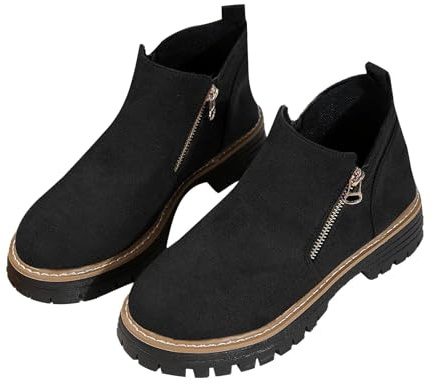 HOOUDO Botas Barefoot Mujer,Botas Senderismo Mujer Cómoda Casual Planas Calentar Piel Forro Cordones Botines Western Botines Estilo Punk Trekking Zapatos con Tacón Cuña Casual o de Fiesta
