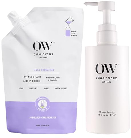 Organic Works Lavender Hand & Body Lotion Starter Pack 500ml – 24hr Hydrating Moisturiser for Dry to Extra Dry, Acne & Eczema-Prone Skin – With Geranium Oil,Aloe vera & Shea Butter,Sensitive Skin Safe