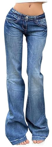 Generisch Jeans da donna a vita bassa, jeans svasati, alla moda, a vita molto bassa, skinny fit, classici elastici, Pull On Streetwear, pantaloni a zampa da donna, 70 pezzi, Azzurro, S