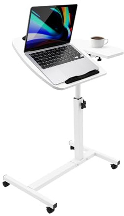 Laptopbord, höjdjusterbart 60–95 cm med hjul, sidobord, laptopbord, mobilt, sängbord, vinkeljusterbart fällbart 2 bordsskivor. 40 x 40 cm och 20 x 40 cm, överbäddsbord för kontor, säng, soffa, soffa
