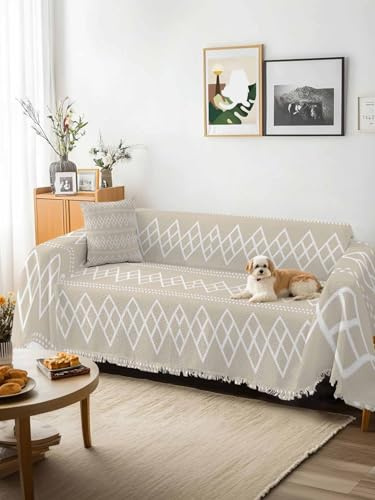 Beige Boho Sofa Cover Blanket Couch Covers for Armchair Cushion,Couch Sofa Silpcover with Tassel,Vintage Ethnic Tribe Abstract Art Geometric Living Room Throw Towel Blanket Covers XX-L 71x150