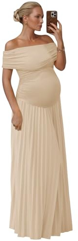 Fivsole Champagne Spring Maternity Dresses for Photoshoot Off Shoulder Baby Shower Dresses Long Pleated Maternity Wedding Guest Dress Formal L