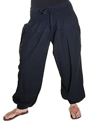 Kunst und Magie Damen Pluderhose Haremshose Sommerhose Hippie Goa Wellness Yoga, Farbe:Black/Schwarz, Größe Damen:42-44(XXL)